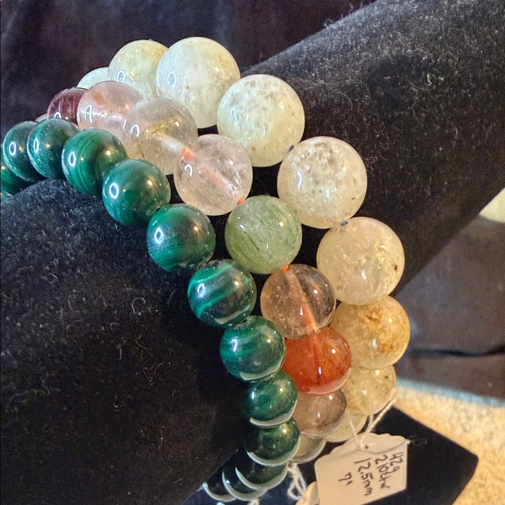 Set of 3 Natural Stones Bracelets Malachite, Multi colored Rutile & Snow Quartz